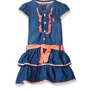 NEW U.S. Polo Assn. Chambray Denim Tiered Tie Belted Ruffled Short Sleeve Dress